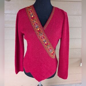 Factorial Patt Red V-Neck Sweater with Embroidered Trim